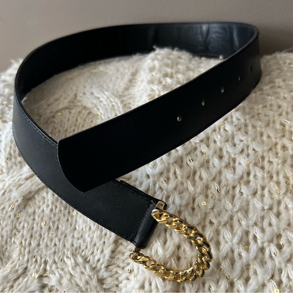 Vintage GORBANI Genuine Leather GOLD CURB CHAIN LOOK Elegant BLACK BELT M - Picture 4 of 16